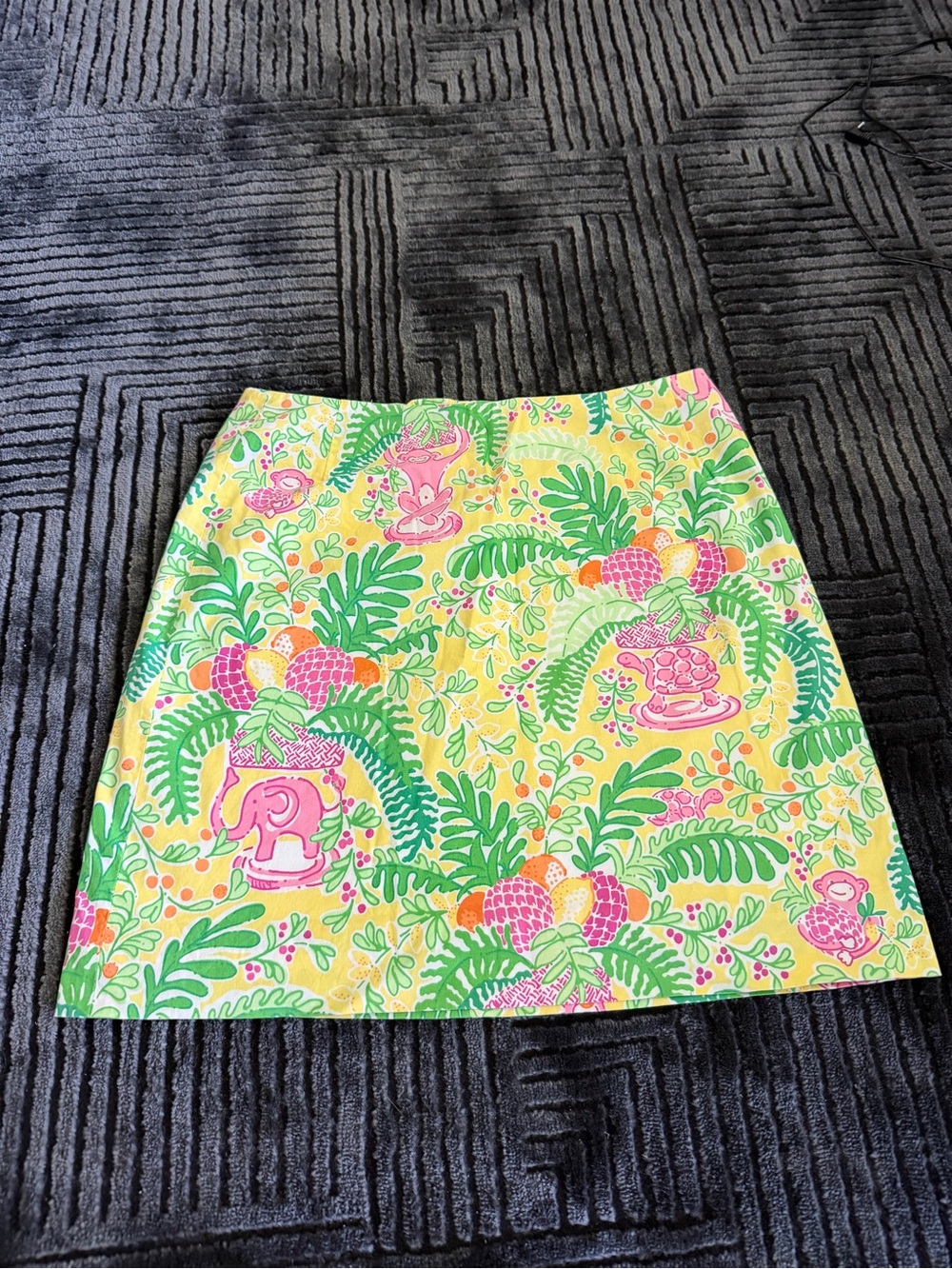 Lilly Pulitzer Yellow Tropical Mini Skirt with Pink & Green Print ( stretchy)
